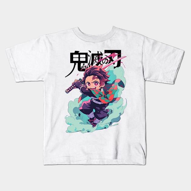 Tanjiro fire breathing sword fight Kids T-Shirt by ChibiMochis
